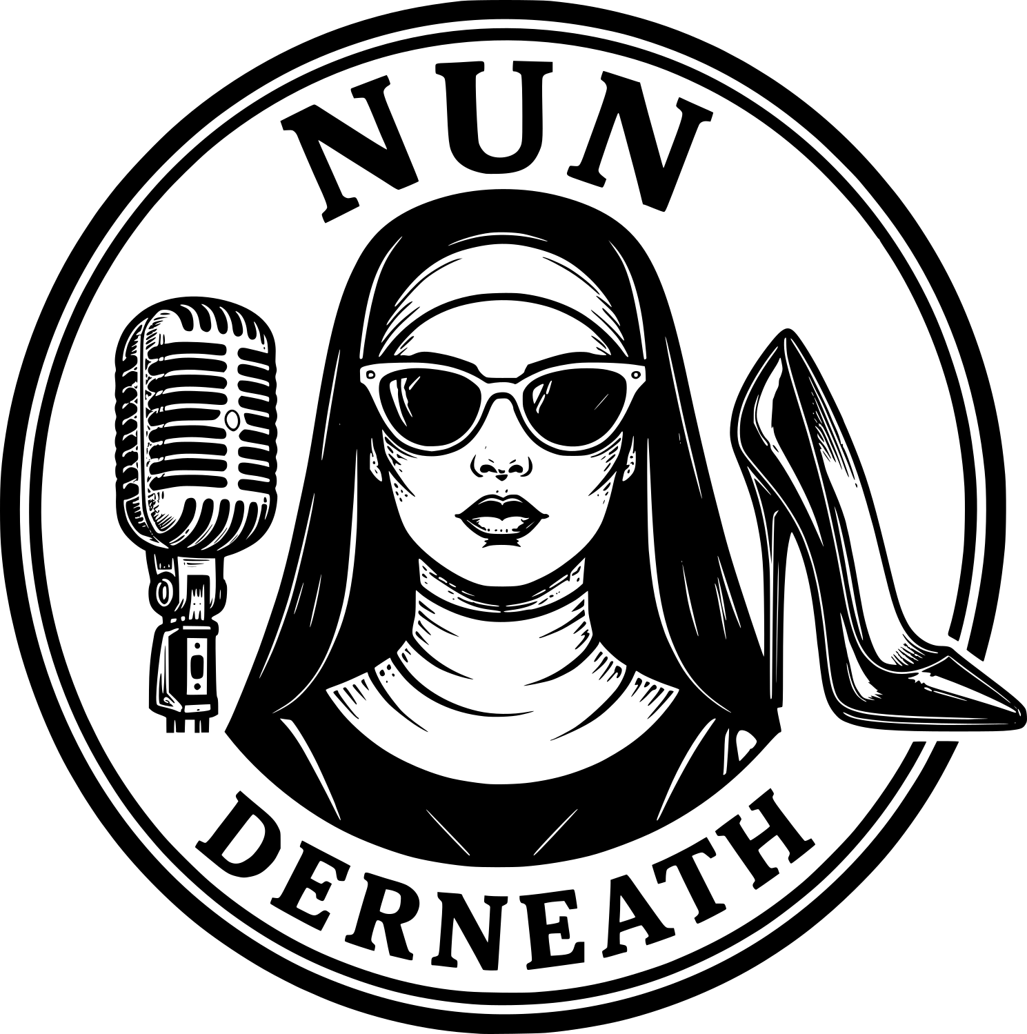 Logo rock en arrondi du groupe NuNderneath représentant une nonne vintage avec un micro rétro et des talons aiguilles